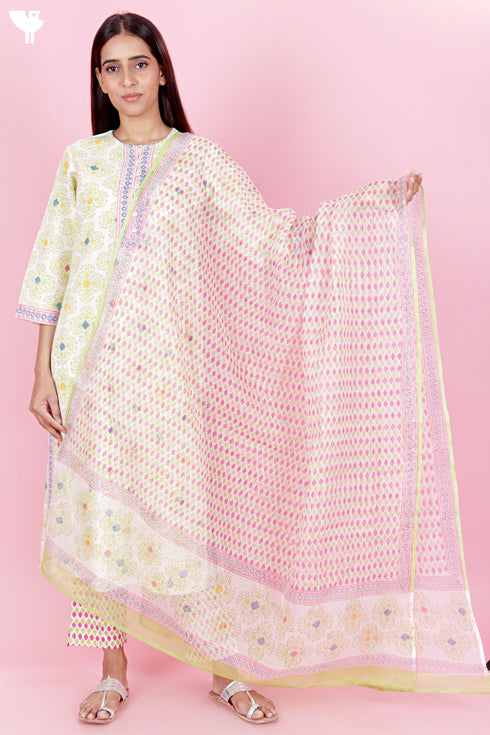 Cambric Cotton Kurta Pant Set With Kota Dupatta In Block Print